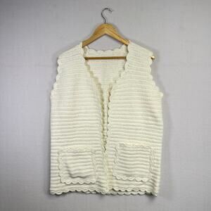 Woman's Crochet Knit White Sleeveless Cardigan - L/ XL Cottagecore Boho Vintage